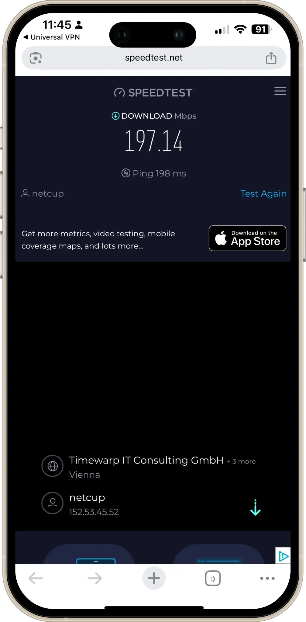 Universal VPN server list showing high-speed options