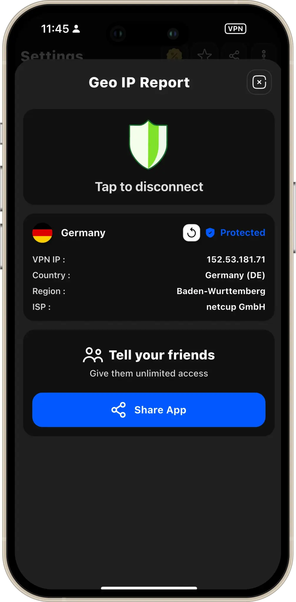 Device location and IP after connecting to VPN