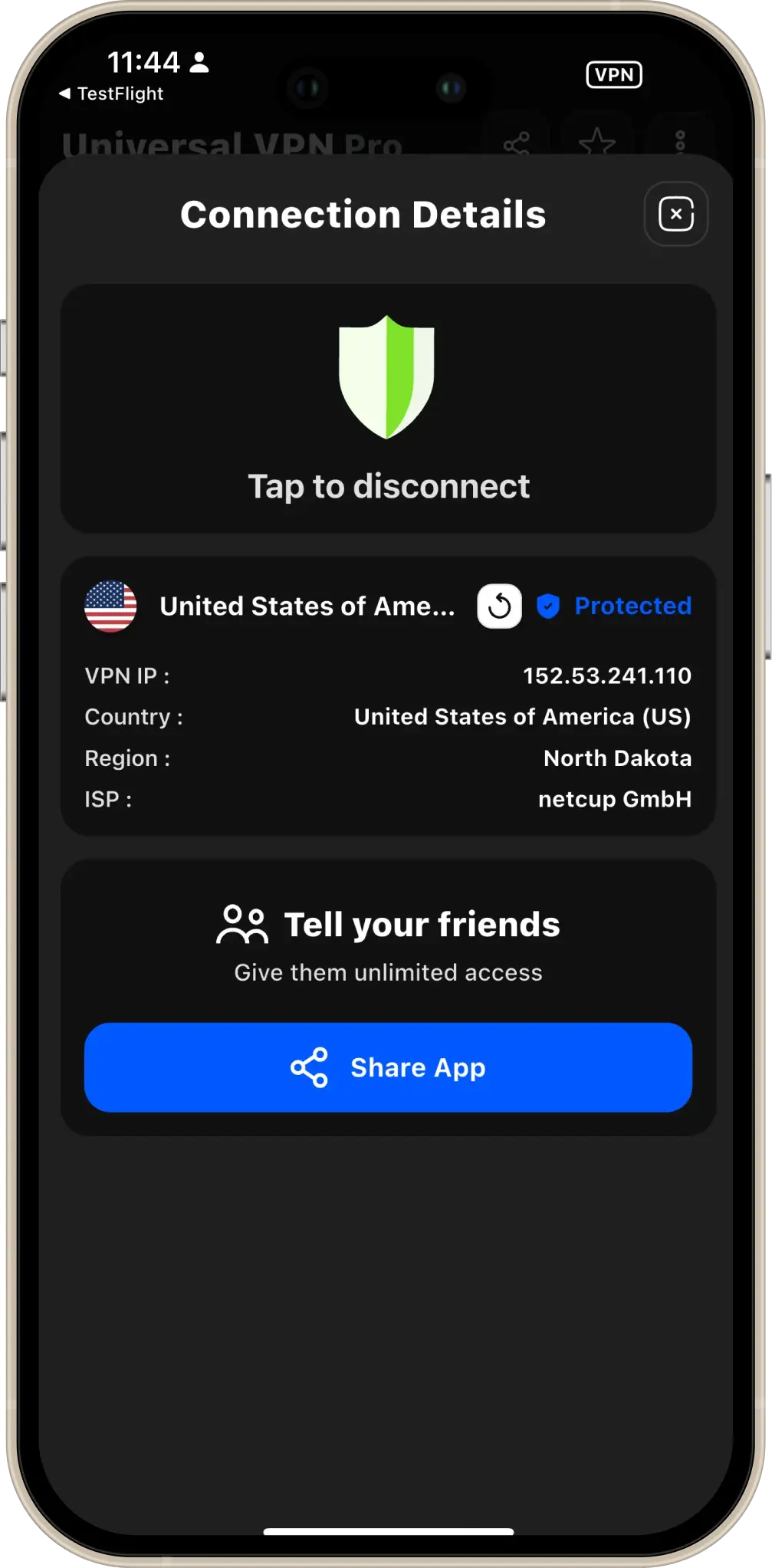 Universal VPN showing virtual location and IP when connected